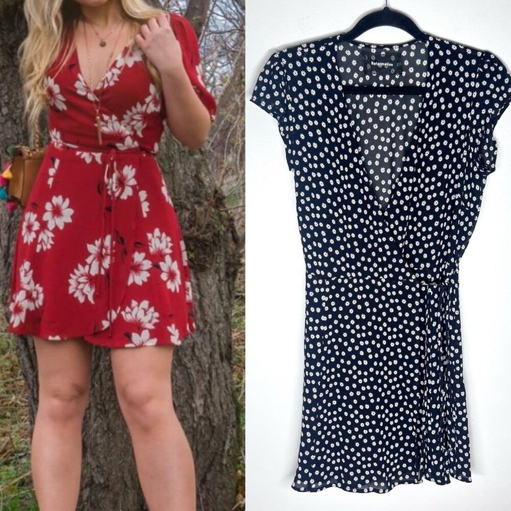 Reformation Adele Mini Wrap  Ditsy Floral Dress Black Sz XS